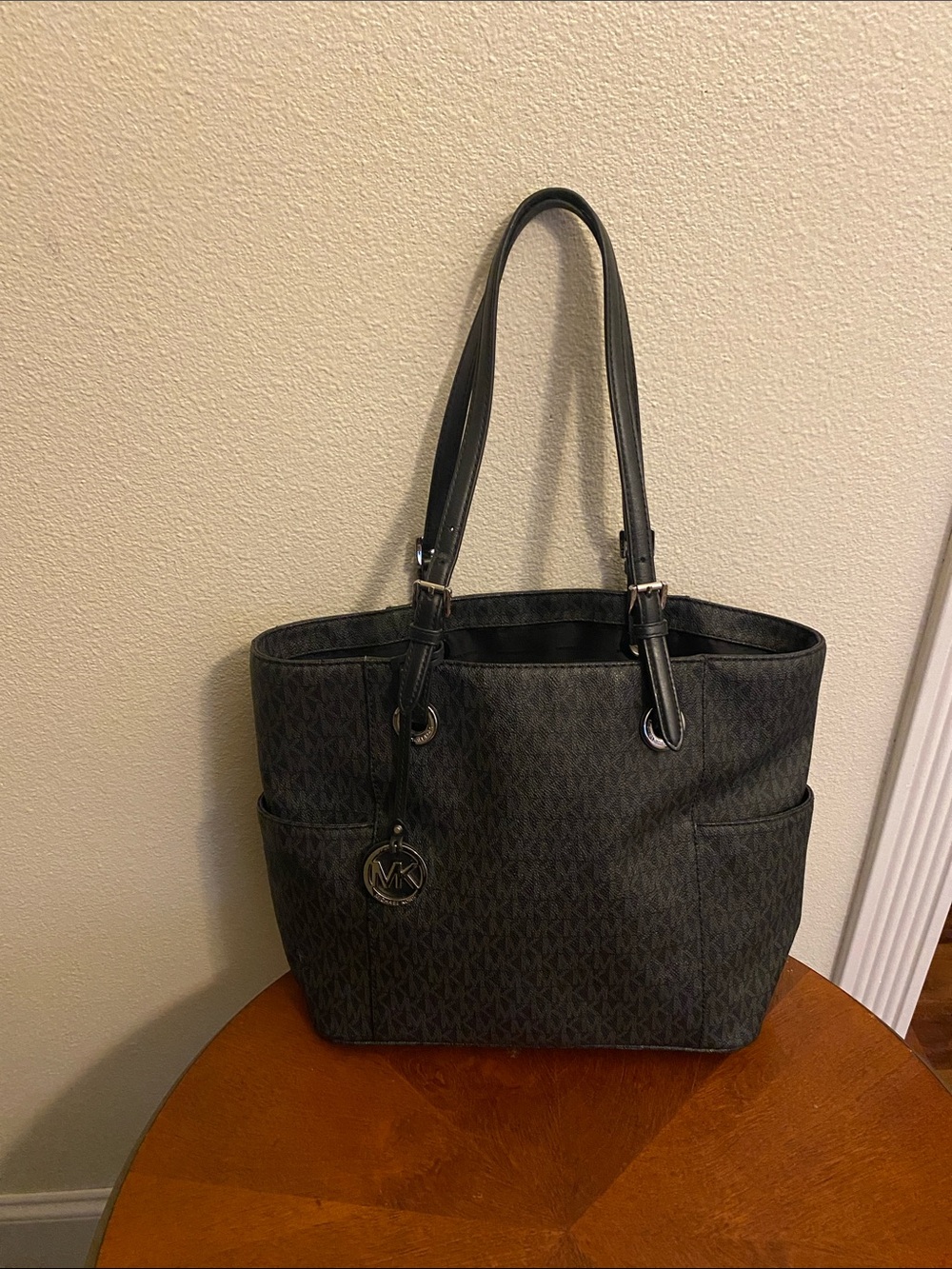 Michael Kors Black Monogram Tote with MK Charm